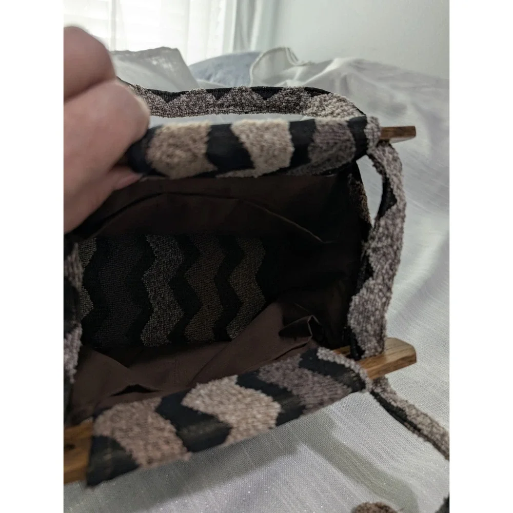Vintage Tapestry Handbag Wooden Handles Small Boho Purse Lined W/Pockets‎ Retro